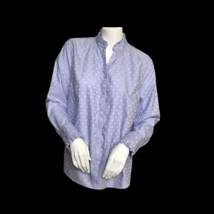 CHICO’S Shirt Lavender Polka Dot Long Sleeve No-iron Cotton Ruffles Sz 2 (10-12)